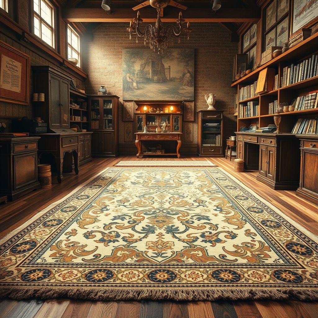 Un tapis classique richement tissé présenté dans un atelier lumineux, symbolisant le savoir-faire artisanal et l'attention portée aux détails.