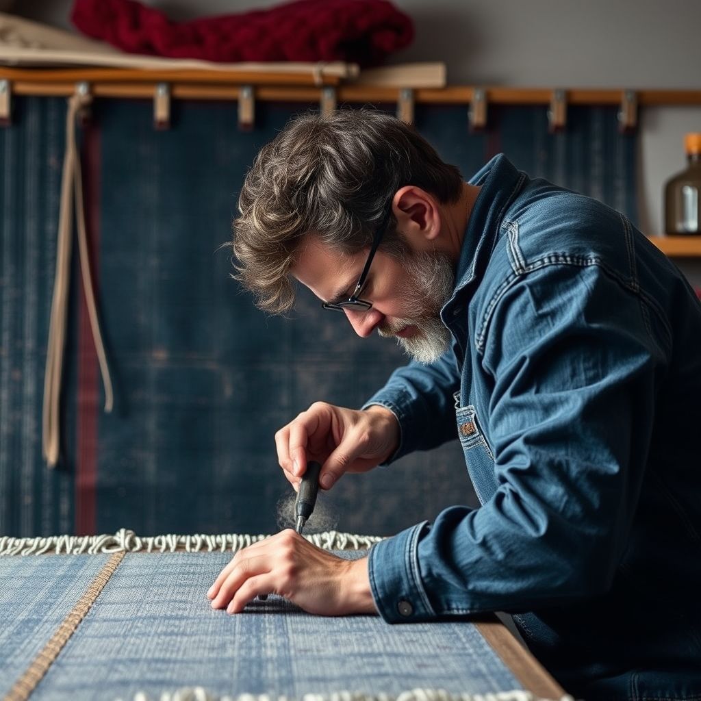 Un artisan travaille à la fabrication d'un tapis sur mesure, mettant en avant la précision et le savoir-faire artisanal.
