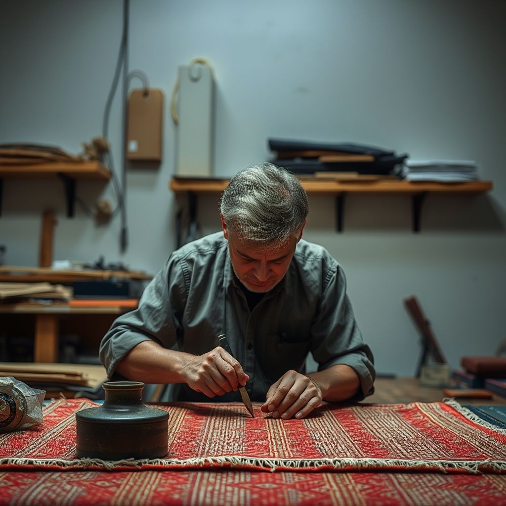Dans un atelier moderne, un artisan manipule un tapis avec précision, utilisant des outils professionnels. La lumière met en avant la qualité du tissage et la propreté de l'espace, symbole de perfection et passion. L'image illustre l'expertise de Nankuchava.