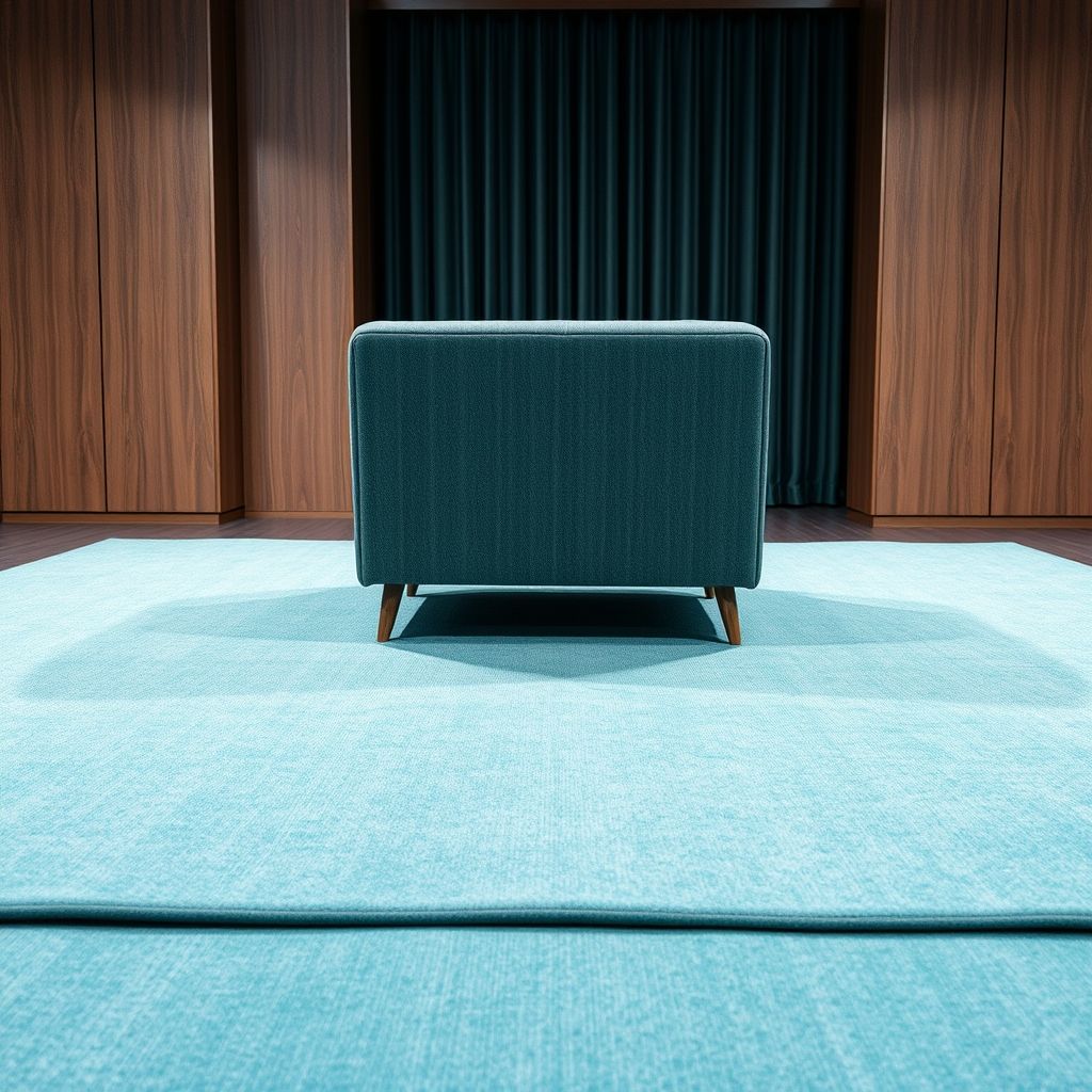 Gros plan sur un tapis turquoise texturé que l'on nettoie délicatement avec une machine spécialisée, soulignant la finesse du tissage et la qualité du nettoyage. Un fauteuil gris en arrière-plan évoque un cadre chaleureux et moderne. La scène transmet une ambiance professionnelle et soignée, valorisant la qualité du produit.