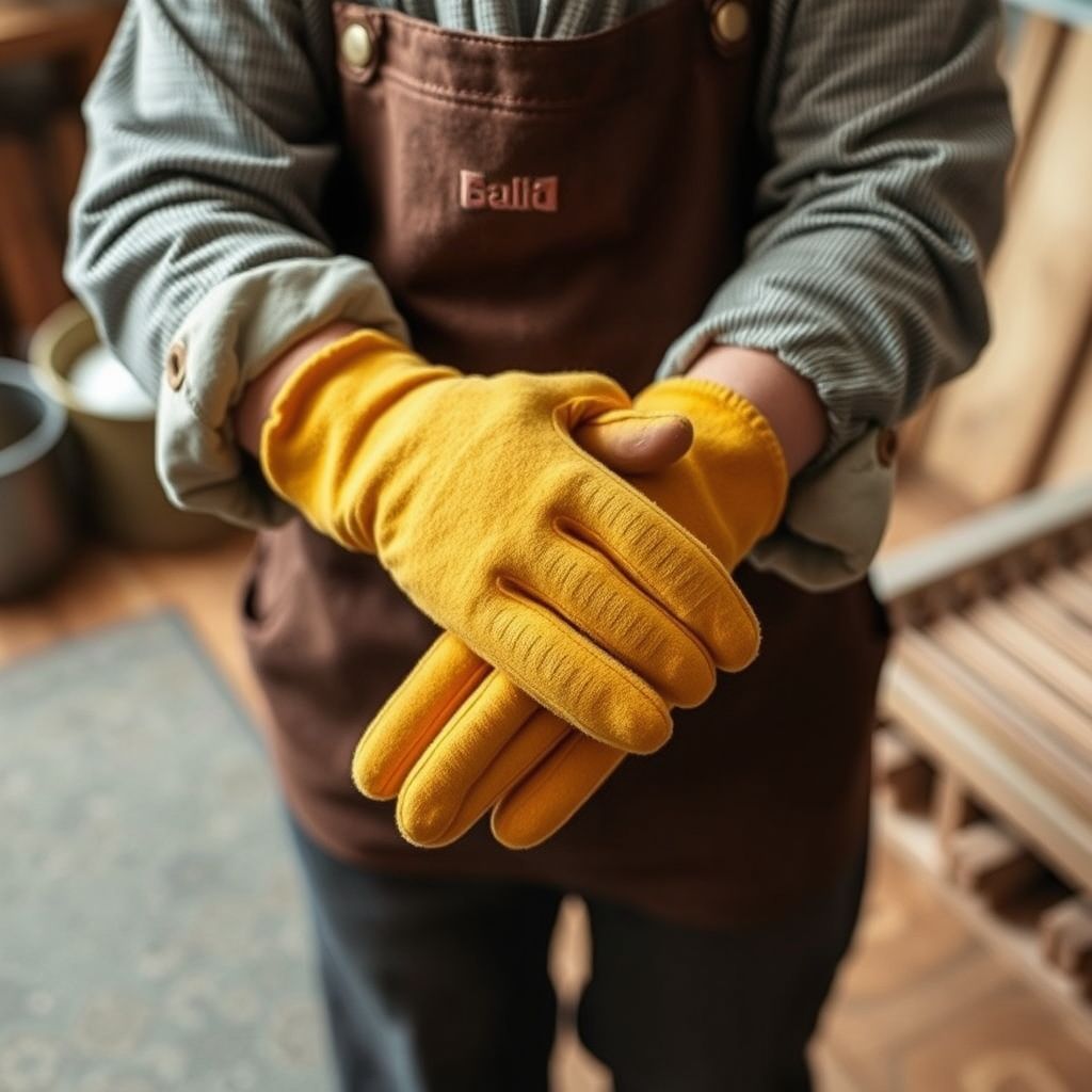 Un artisan en gants bleus nettoie avec soin un tapis posé sur un parquet, illustrant notre savoir-faire professionnel. Un aspirateur jaune est prêt en arrière-plan, symbole d'efficacité et rigueur. L'ambiance chaleureuse souligne le respect du produit et de l'environnement.