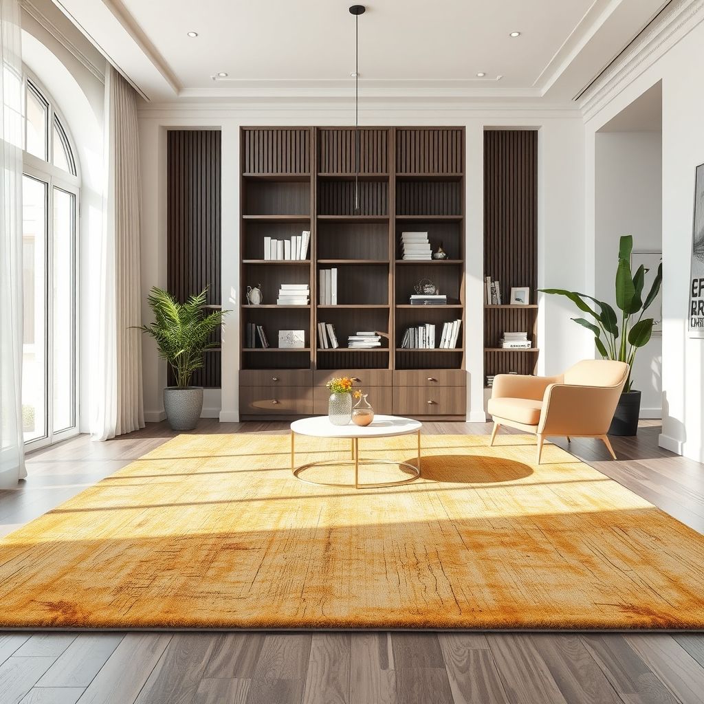 Un tapis contemporain aux lignes épurées et couleurs douces, posé dans un salon lumineux et moderne, incarnant le design actuel.