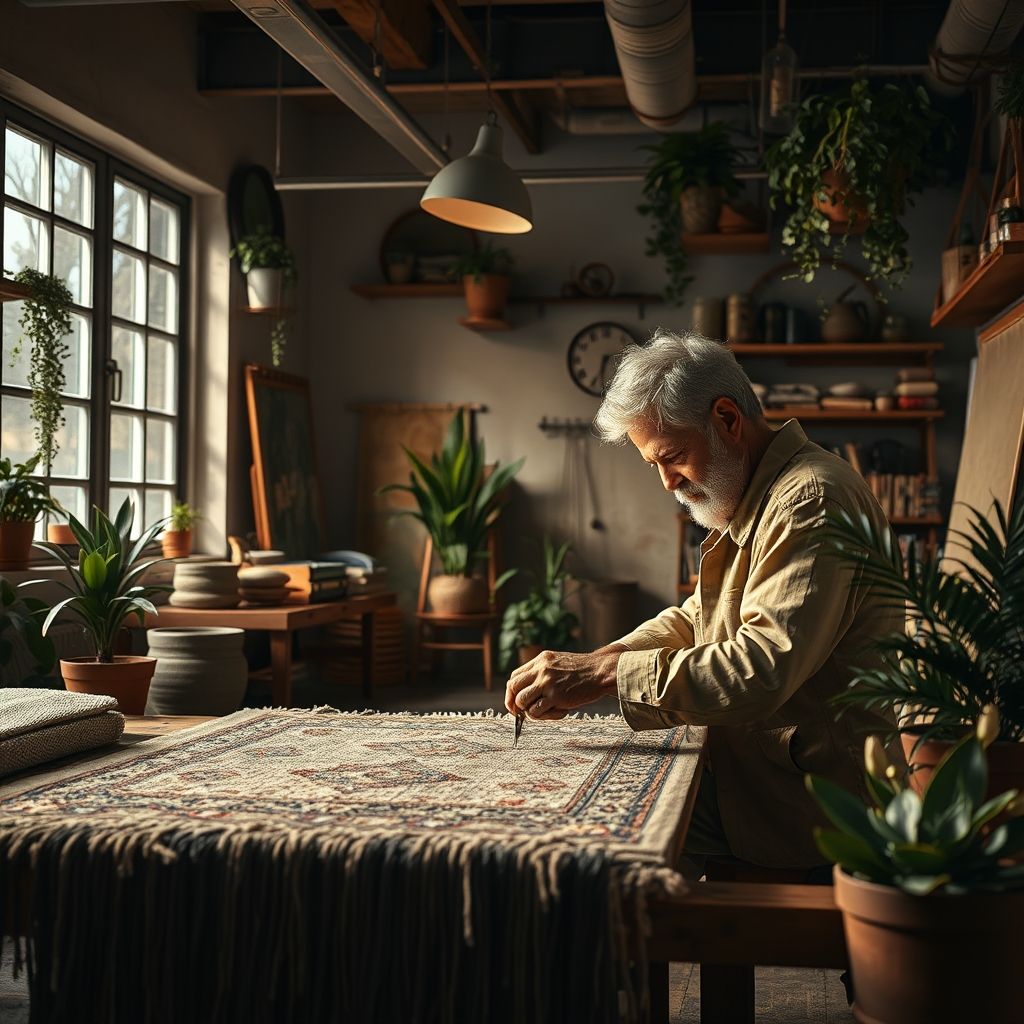 Dans un atelier lumineux, un artisan habillé de façon sobre travaille un tapis fait main avec minutie. L'environnement est moderne, décoré sobrement avec des plantes. L'artisan semble concentré, manipulant les fibres du tapis pour en révéler toute la beauté. La lumière met en valeur le tissage et les teintes chaleureuses du tapis. L'image illustre le soin et la tradition dans la fabrication de tapis d'exception.