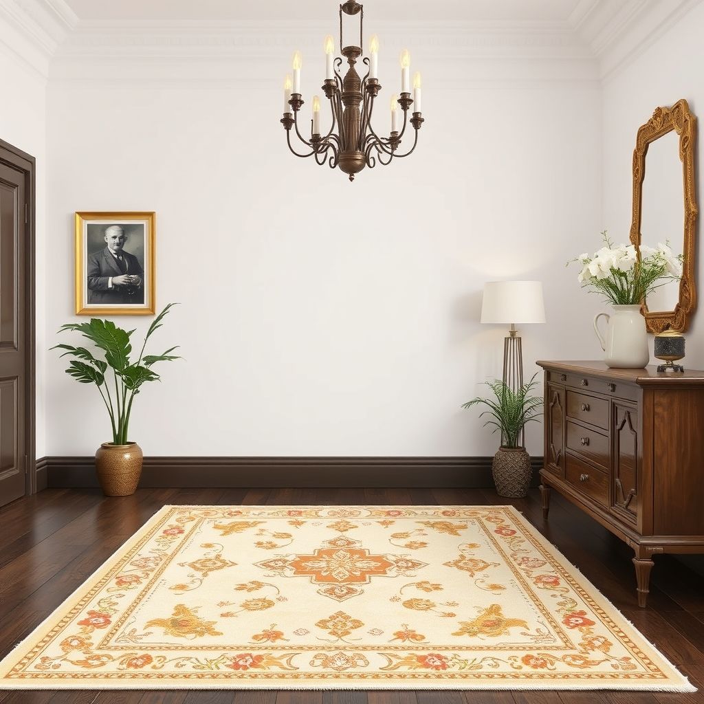 Un tapis classique aux motifs traditionnels est présenté dans un décor sobre et élégant, illustrant parfaitement l'alliance entre tradition et modernité.